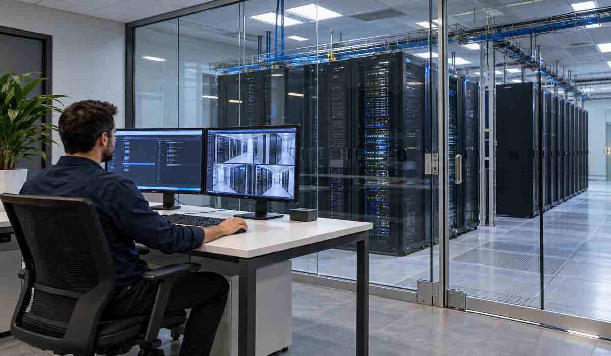 اپراتور پشت میز کنترل در کنار اتاق سرور و رک‌های شبکه
