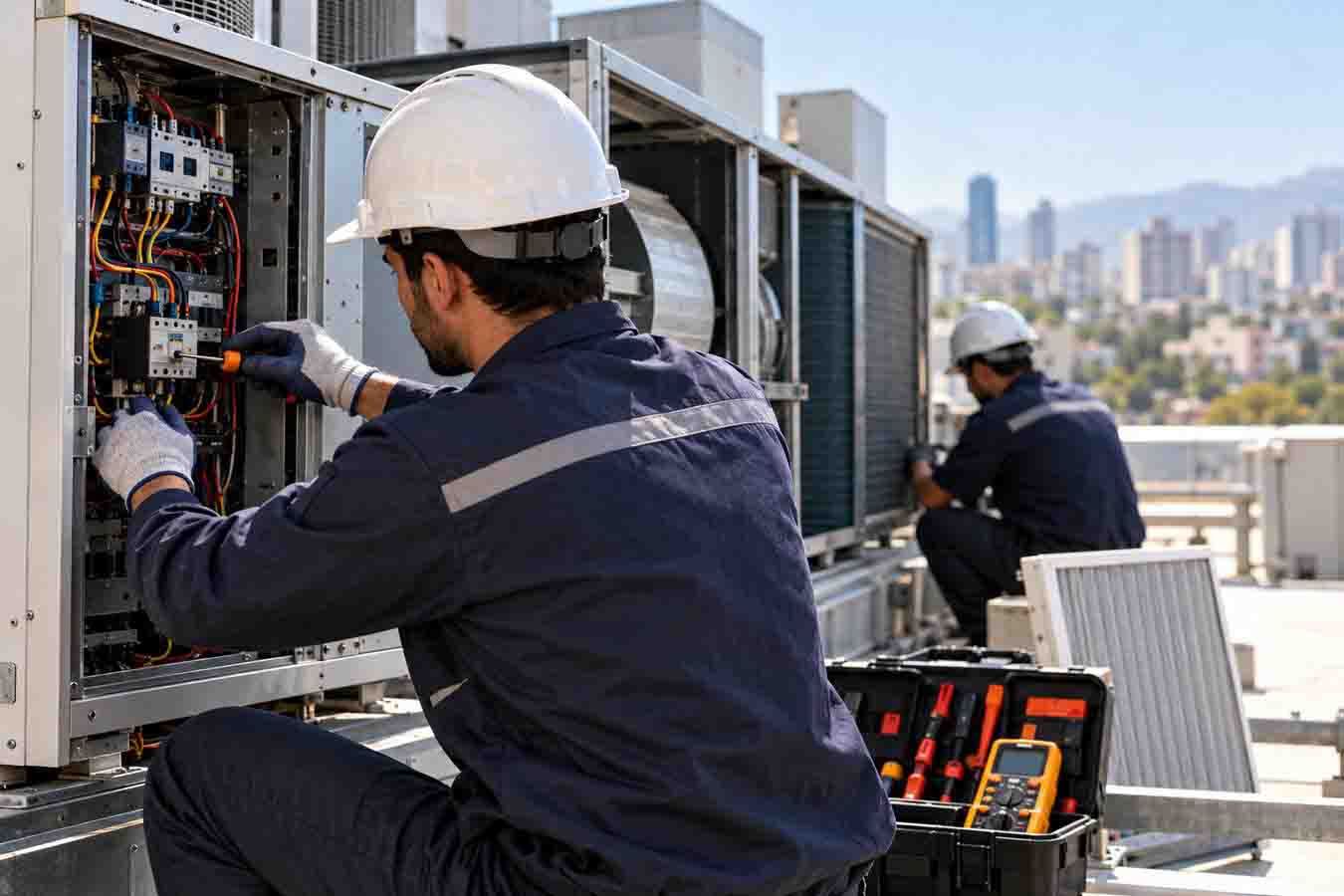 عیب‌یابی تابلو برق و کنترل‌های سیستم تهویه روی بام ساختمان