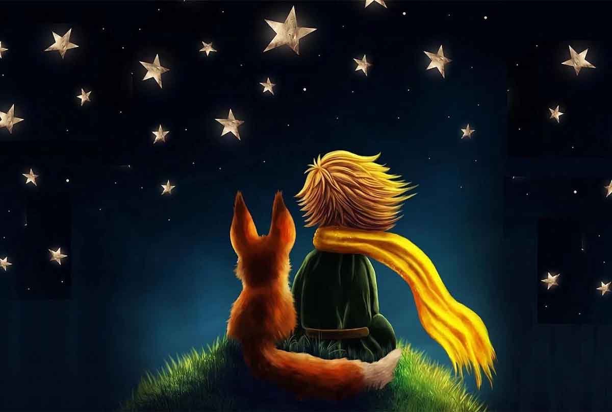 شاهزاده کوچولو و روباه کنار هم نشستن و به اسمون پر ستاره نگاه میکنن