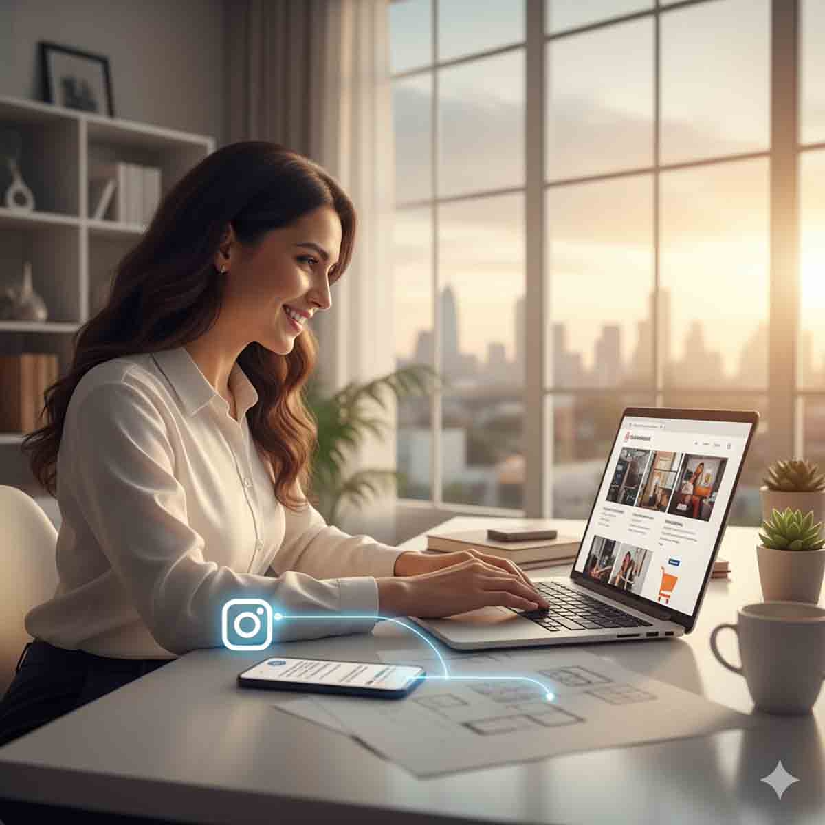 این تصویر حس پیشرفت، حرفه‌ای شدن و موفقیت را از انتقال یک کسب‌وکار از فضای غیررسمی اینستاگرام به یک پلتفرم رسمی مانند وب‌سایت، به خوبی به نمایش می‌گذارد.